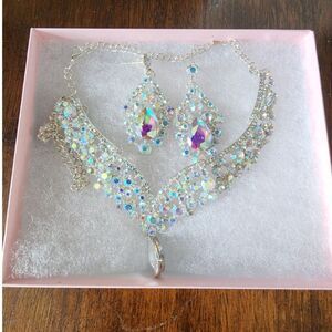 Beautiful AB Faux Jewels & Rhinestone Necklace and Earrings Set Wedding Prom